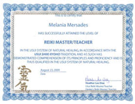 Usui Reiki Master Melania Mersades certificate