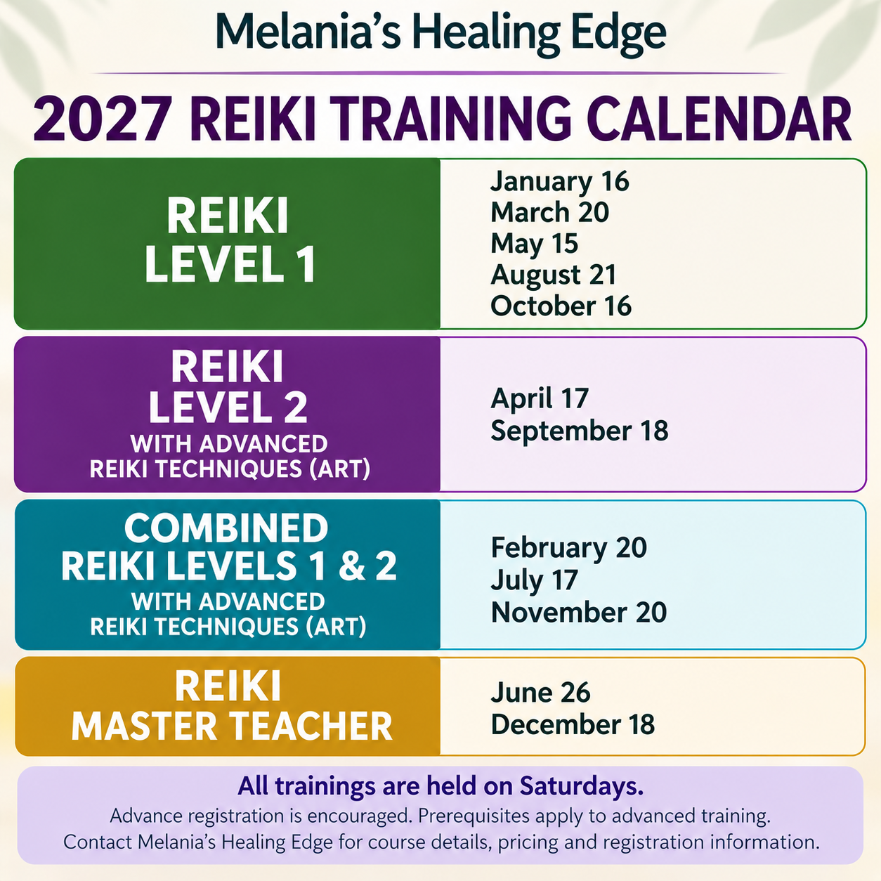 2027 Reiki training calendar showing Level 1, Level 2 with Advanced Reiki Techniques, Combined Levels 1 and 2 with ART, and Reiki Master Teacher dates